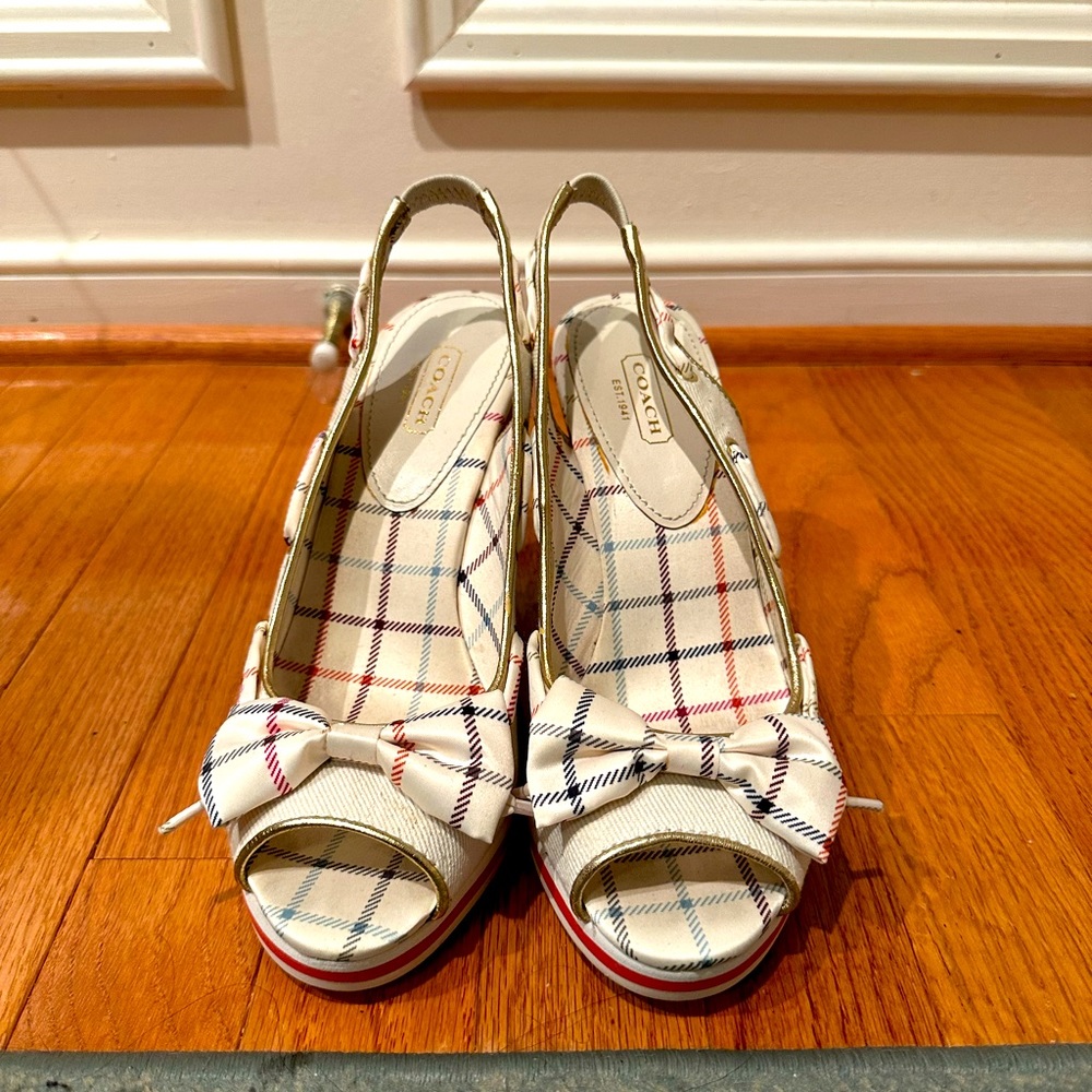 Coach Twirling Open Toe Cork Wedges Bow Detail White Plaid